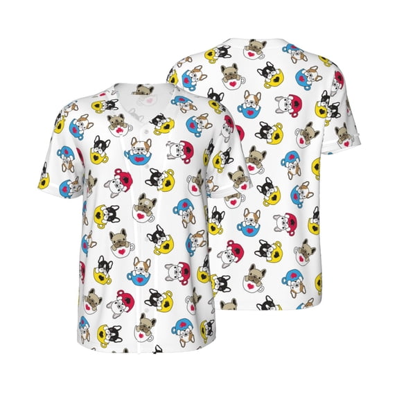 Balery French Bulldog With Coffee Cup Baseball Jersey for Men Casual Button Down Shirts Short Sleeve Active Team Sports Uniform-Large