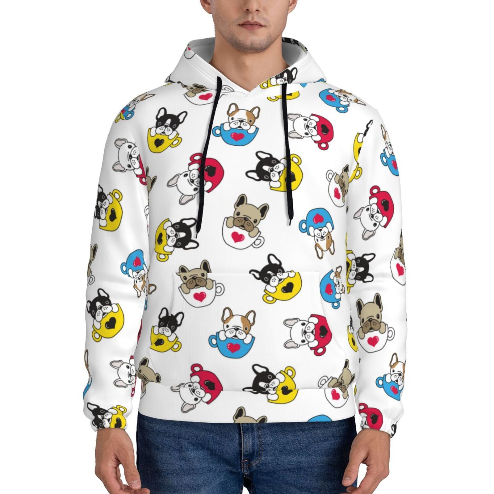 Balery French Bulldog With Coffee Cup Pattern Mens Hoodie Kangaroo