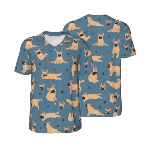 Balery French Bulldog Yoga Baseball Jersey for Men Casual Button Down Shirts Short Sleeve Active Team Sports Uniform-Large