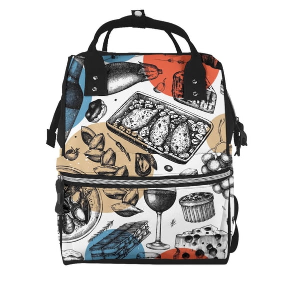Balery French Food Mummy Backpack - Waterproof Twill Canvas, Large Capacity Diaper Bag with Multiple Pockets and Adjustable Straps