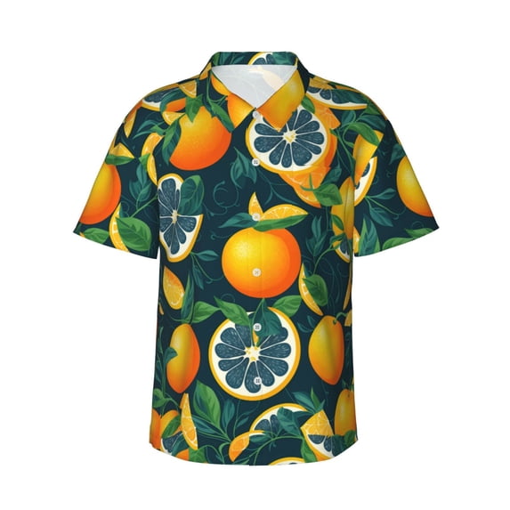 Balery Fresh Orange Print Men's Hawaiian Shirts Short Sleeve Beach Shirt Relaxed Fit Vacation Button Down Shirts-Large