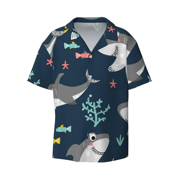Balery Friendly Smiling Sharks Men's Casual Button Down Shirt Short Sleeve Textured Summer Cuban Beach Shirts-3X-Large