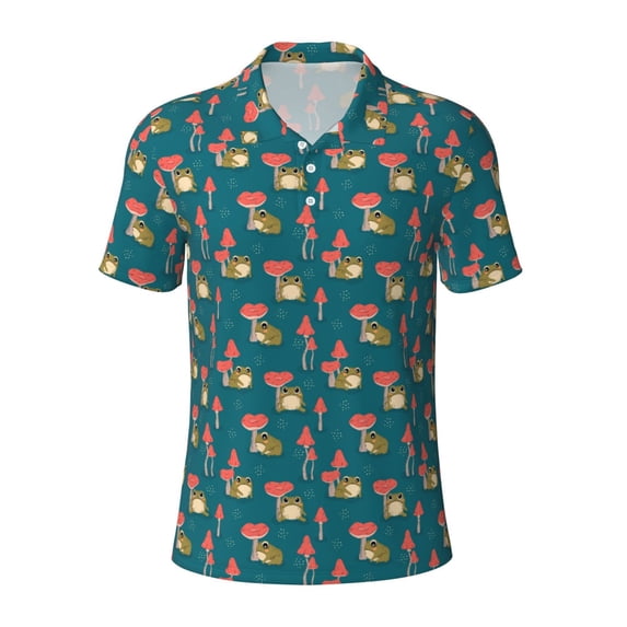 Balery Frog and Mushrooms Printed Men’s Short Sleeve Polo Shirt, Midweight Men's Shirt,Golf Polo shirts -Small