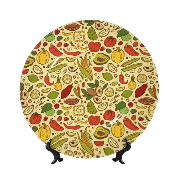 Balery Fruits And Vegetables Print Bone China Decorative Plate Ceramic Dinner Plates Art Crafts with Display Stand-6in