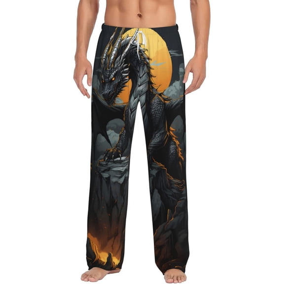 Balery Full Moon Black Dragon print Men's Pajama Pants,Ultra Lightweight Pjs,Lounge Pant-XX-Large