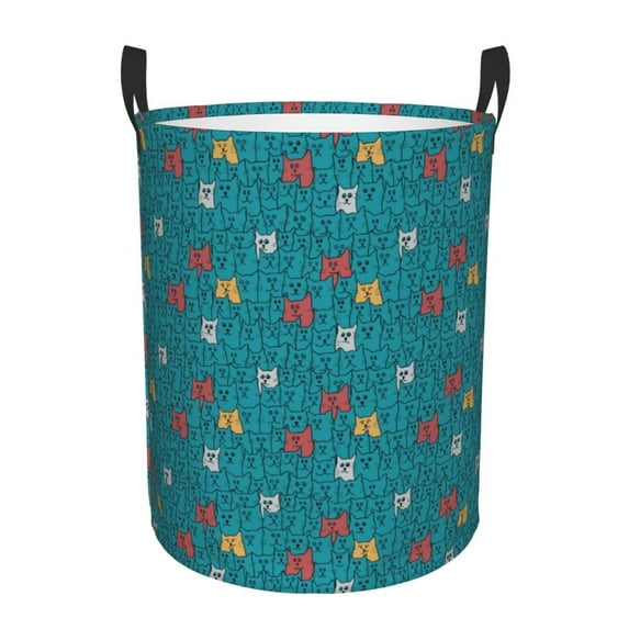 Balery Funny Cat Blue Round Laundry Basket with Handles Waterproof Freestanding Laundry Hamper for Clothes Toys in the Dorm and Family-Medium