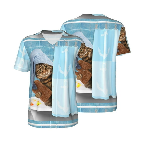 Balery Funny Cat Taking a Bath Baseball Jersey for Men Casual Button Down Shirts Short Sleeve Active Team Sports Uniform-Medium