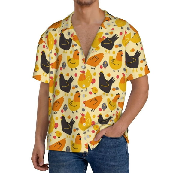 Balery Funny Chicken Men's Casual Button Down Shirt Short Sleeve Textured Summer Cuban Beach Shirts-4X-Large