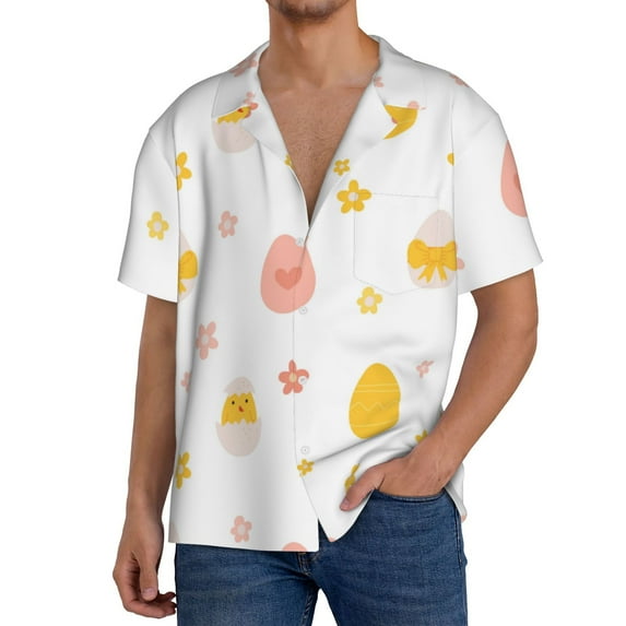 Balery Funny Chicken Men's Casual Button Down Shirt Short Sleeve Textured Summer Cuban Beach Shirts-Small