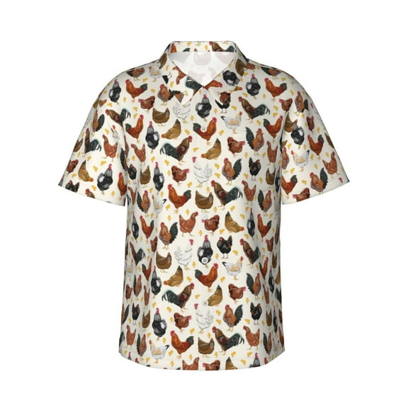 Balery Funny Chicken Print Men's Hawaiian Shirts Short Sleeve Beach Shirt Relaxed Fit Vacation Button Down Shirts-Large