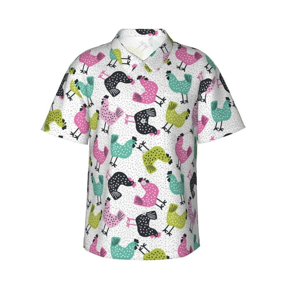 Balery Funny Chicken Print Men's Hawaiian Shirts Short Sleeve Beach Shirt Relaxed Fit Vacation Button Down Shirts-Small