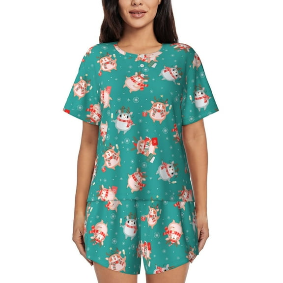 Balery Funny Christmas Deer Pattern Womens Pajama Sets 2 Piece Soft Short Sleeve Top and Shorts Sleepwear Round Neck Pjs Lounge Set with Pockets-Large