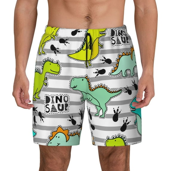 Balery Funny Dinosaurs on Stripes Mens Swim Trunks Swim Shorts for Men Quick Dry Inseam Beach Shorts with Compression Liner Pocket-Large