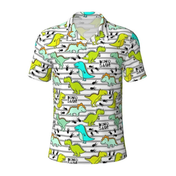 Balery Funny Dinosaurs on Stripes Printed Men’s Short Sleeve Polo Shirt, Midweight Men's Shirt,Golf Polo shirts -3X-Large