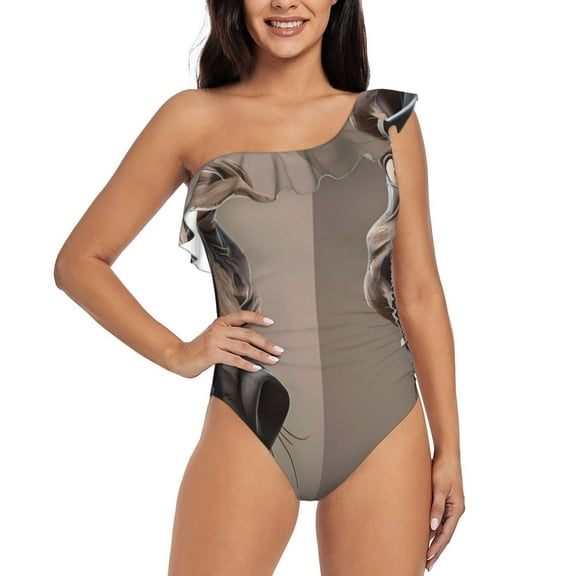 Balery Funny Horse Faces Expressions One Shoulder Swimsuits for Women Ruffle Swimsuits Tummy Control One Shoulder Bathing Suits-