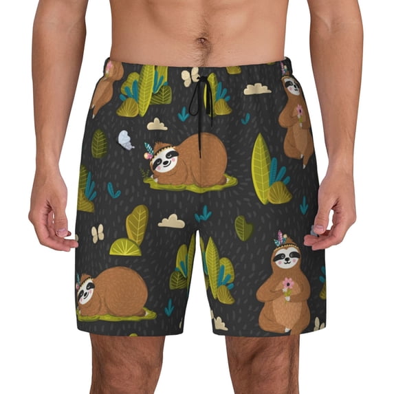 Balery Funny Sloths In The Forest Mens Swim Trunks Swim Shorts for Men Quick Dry Inseam Beach Shorts with Compression Liner Pocket-Large
