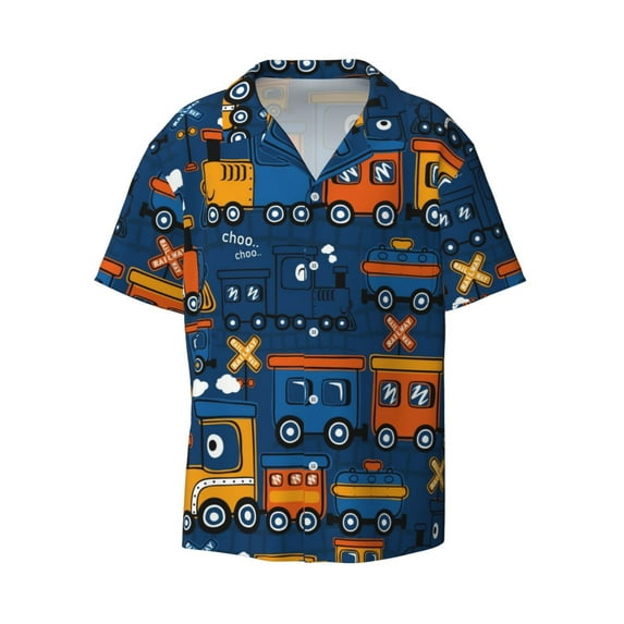 Balery Funny Steam Train Men's Casual Button Down Shirt Short Sleeve Textured Summer Cuban Beach Shirts-3X-Large