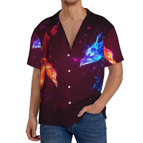 Balery Futuristic Red And Blue Bird Men's Casual Button Down Shirt Short Sleeve Textured Summer Cuban Beach Shirts-XX-Large