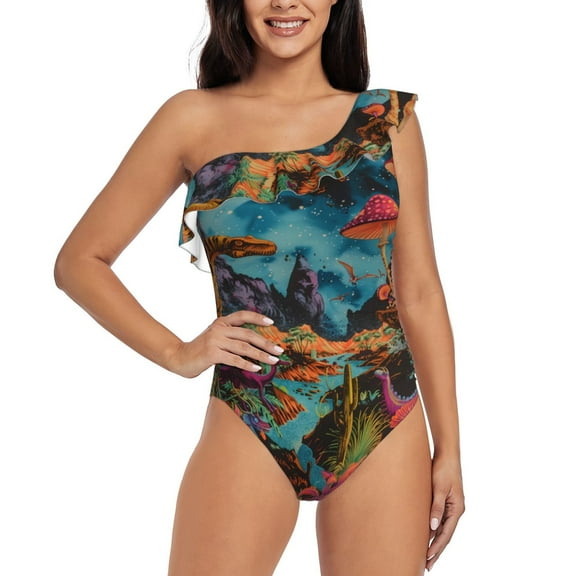 Balery Galactic Jungle Dinosaurs One Shoulder Swimsuits for Women Ruffle Swimsuits Tummy Control One Shoulder Bathing Suits-XX-Large