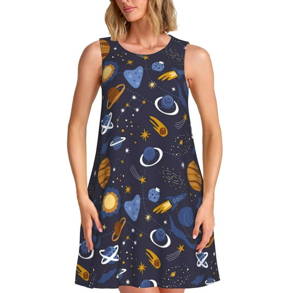 Balery Galaxy Pattern Women’s Summer Dresses – Loose Sleeveless Sundress, Casual and Comfortable Beach Dress for Hot Days