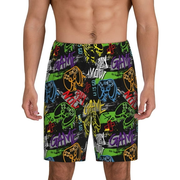 Balery Game Joysticks Men's Cotton Knit Pajama Shorts Waistband & Pockets,Short Pajama Pants-Small