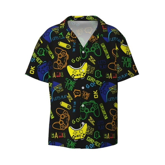 Balery Game Play Men's Casual Button Down Shirt Short Sleeve Textured Summer Cuban Beach Shirts-Large