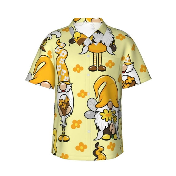 Balery Garden Honeybee Gnomes Print Men's Hawaiian Shirts Short Sleeve Beach Shirt Relaxed Fit Vacation Button Down Shirts-X-Large