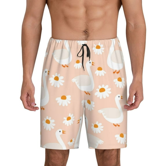 Balery Geese and Flower Men's Cotton Knit Pajama Shorts Waistband & Pockets,Short Pajama Pants-3X-Large