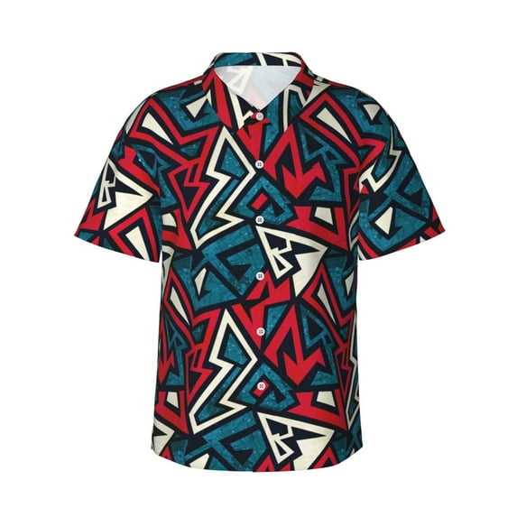 Balery Geometric Elements Print Men's Hawaiian Shirts Short Sleeve Beach Shirt Relaxed Fit Vacation Button Down Shirts-