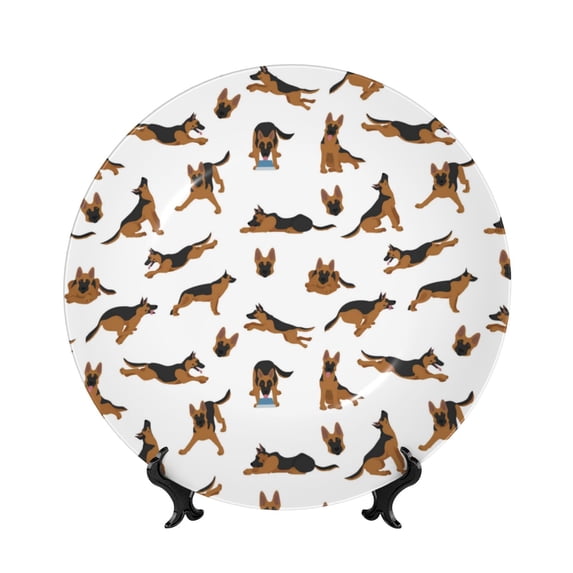 Balery German Shepherd Dog Print Bone China Decorative Plate Ceramic Dinner Plates Art Crafts with Display Stand-10in