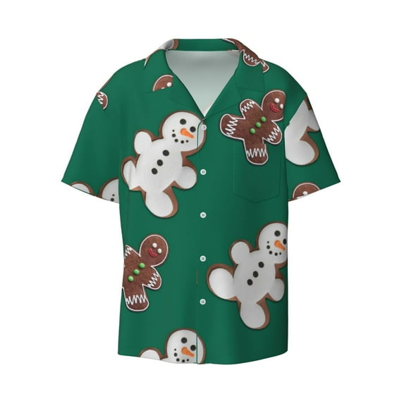 Balery Gingerbread Snowman Cookies Men's Casual Button Down Shirt Short Sleeve Textured Summer Cuban Beach Shirts-Medium
