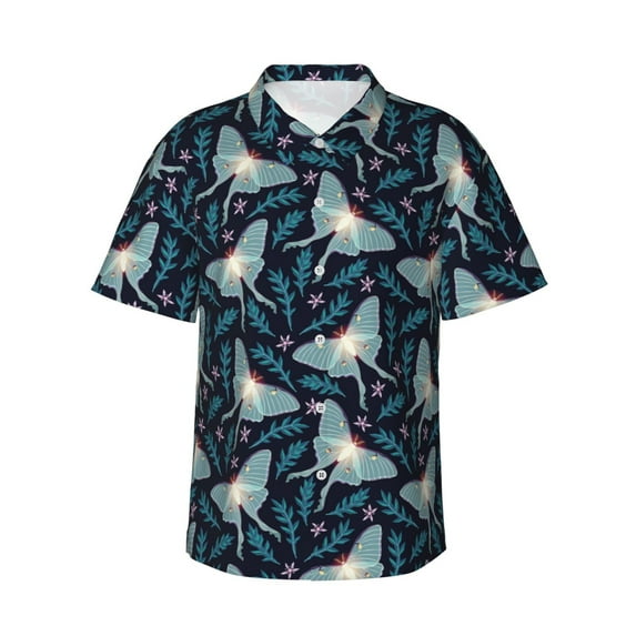 Balery Glowing Butterfly Print Men's Hawaiian Shirts Short Sleeve Beach Shirt Relaxed Fit Vacation Button Down Shirts-