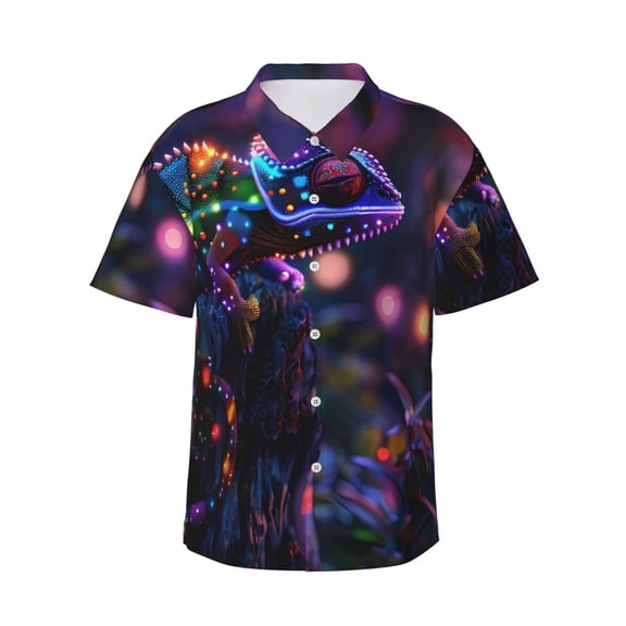 Balery Glowing Chameleon Fantasy Art Print Men's Hawaiian Shirts Short Sleeve Beach Shirt Relaxed Fit Vacation Button Down Shirts-Small