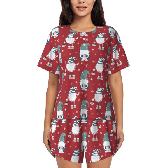 Balery Gnome And Snowflakes Pattern Womens Pajama Sets 2 Piece Soft Short Sleeve Top and Shorts Sleepwear Round Neck Pjs Lounge Set with Pockets-Small