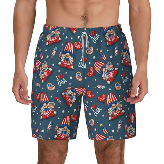 Balery Gnome Love USA Mens Swim Trunks Swim Shorts for Men Quick Dry Inseam Beach Shorts with Compression Liner Pocket-X-Large