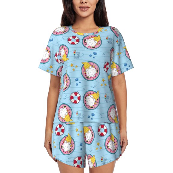 Balery Gnome Pool Party Pattern Womens Pajama Sets 2 Piece Soft Short Sleeve Top and Shorts Sleepwear Round Neck Pjs Lounge Set with Pockets-Large