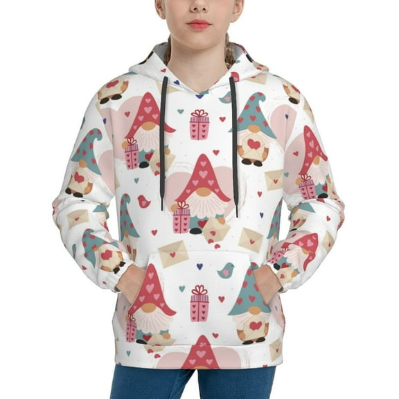 Balery Gnome With Love Letter Pattern Boys Hoodie, Youth Pullover Hooded Sweatshirt, Kangaroo Pocket Hoodie for Kids Girls -X-Large