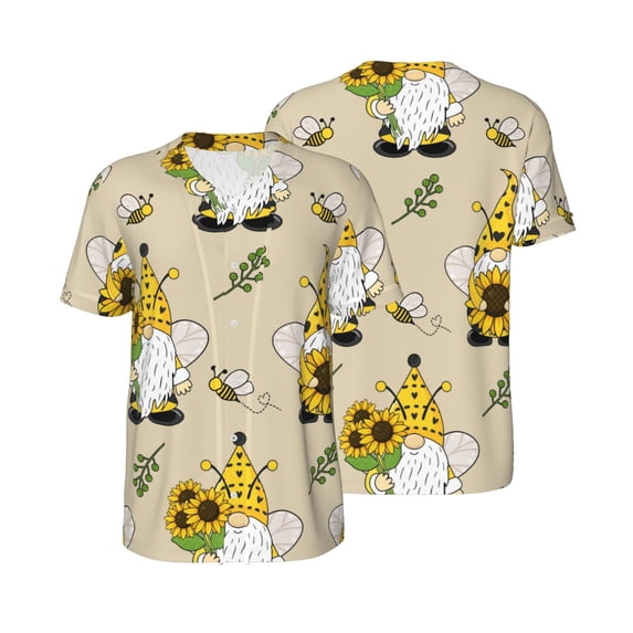 Balery Gnomes Bees And Sunflowers Baseball Jersey for Men Casual Button Down Shirts Short Sleeve Active Team Sports Uniform-Large