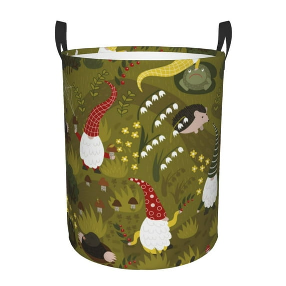 Balery Gnomes Playing in the Garden Round Laundry Basket with Handles Waterproof Freestanding Laundry Hamper for Clothes Toys in the Dorm and Family-Medium