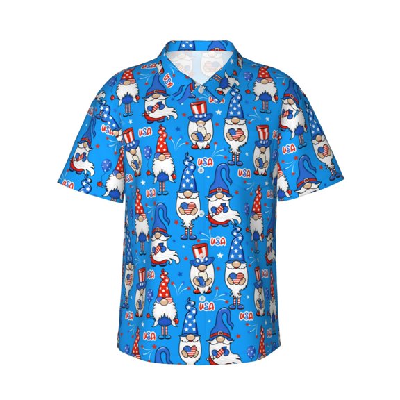 Balery Gnomes in USA Print Men's Hawaiian Shirts Short Sleeve Beach Shirt Relaxed Fit Vacation Button Down Shirts-Large
