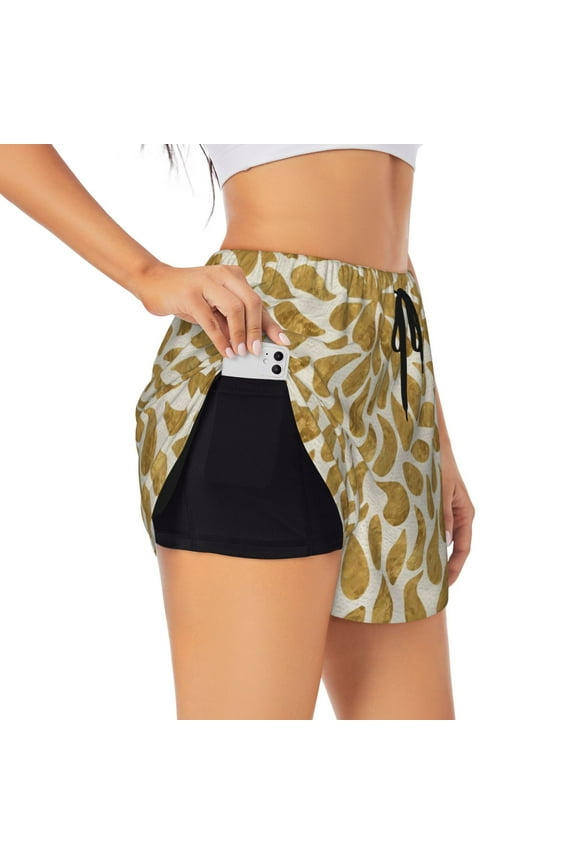 Gold Drops Pattern Women's Running Shorts with Liner 2 Pockets Elastic Workout Athletic Gym Yoga Shorts-Small