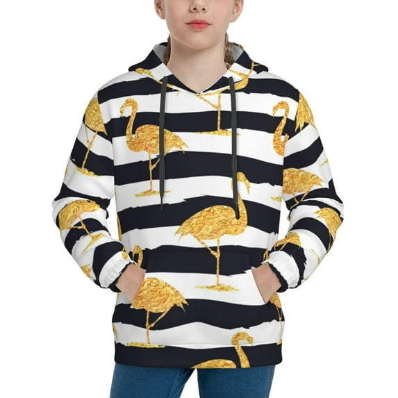 Balery Gold Flamingo Pattern Boys Hoodie, Youth Pullover Hooded Sweatshirt, Kangaroo Pocket Hoodie for Kids Girls -Medium