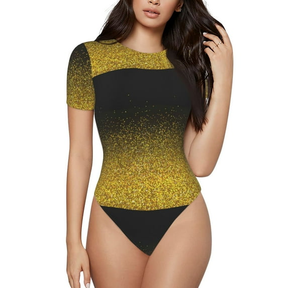 Balery Gold Glitter Gradient Women's Short Sleevee Crew Neck Bodysuit Tops Short Sleeve Tops Basic-Small