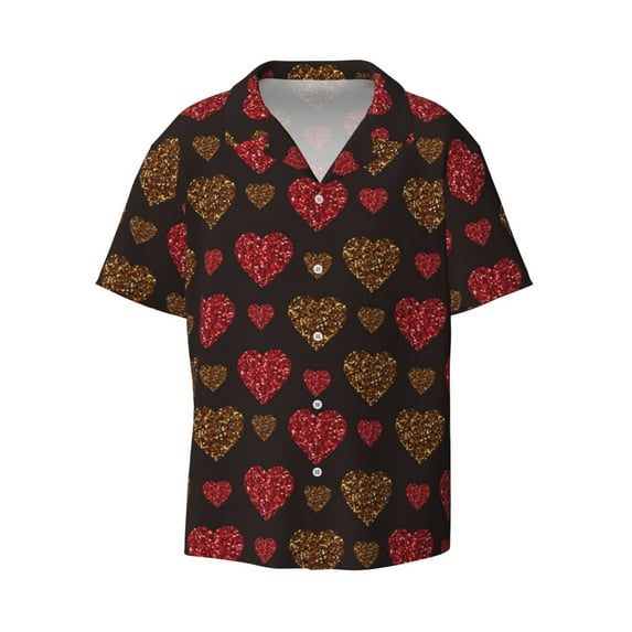 Balery Gold Glitter Heart Men's Casual Button Down Shirt Short Sleeve Textured Summer Cuban Beach Shirts-XX-Large