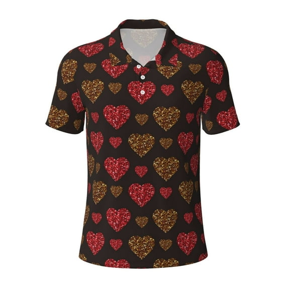 Balery Gold Glitter Heart Printed Men’s Short Sleeve Polo Shirt, Midweight Men's Shirt,Golf Polo shirts -Large