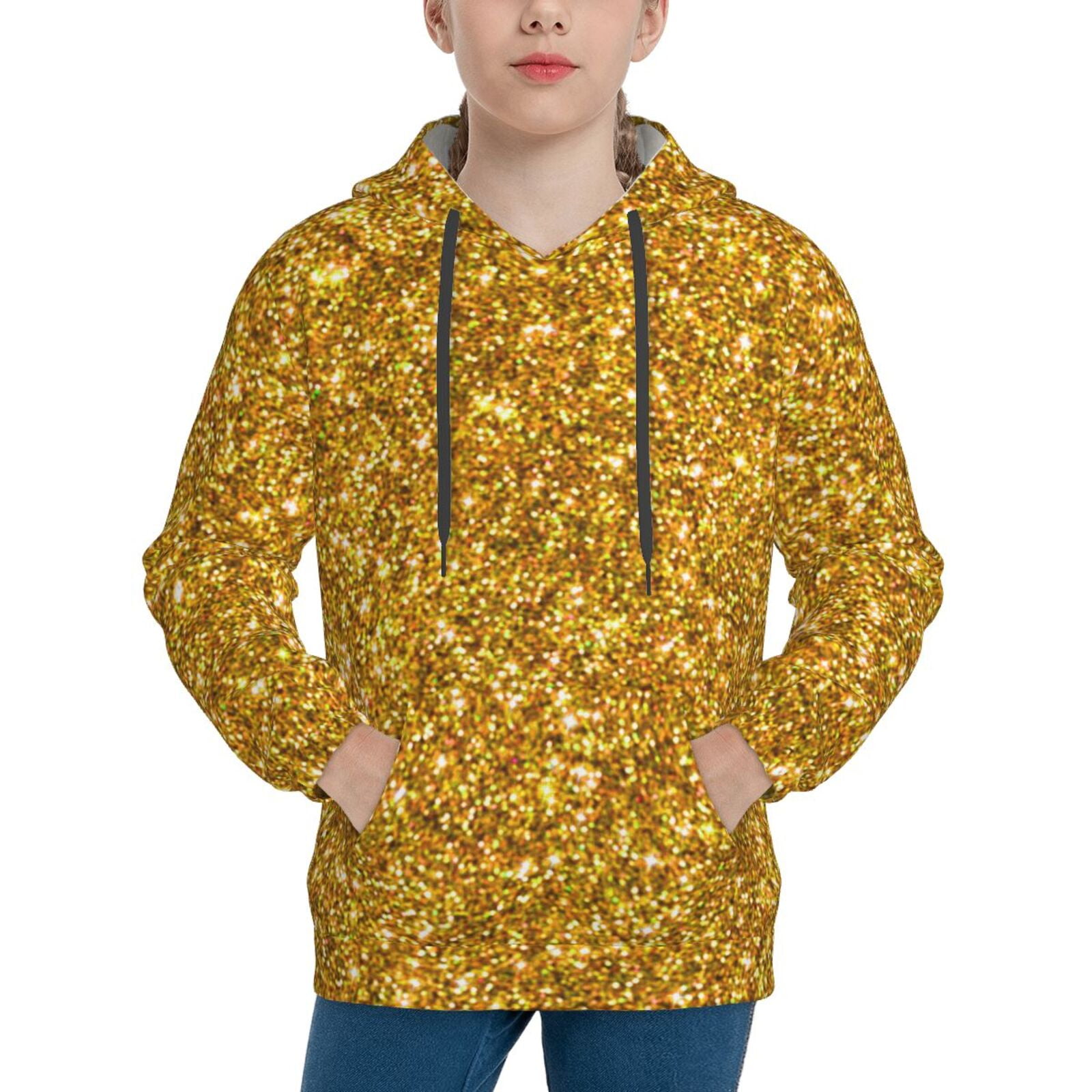 Balery Gold Glitter Pattern Boys Hoodie, Youth Pullover Hooded Sweatshirt, Kangaroo Pocket