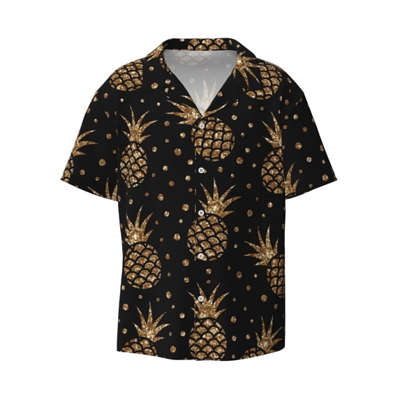 Balery Gold Glitter Pineapples Men's Casual Button Down Shirt Short Sleeve Textured Summer Cuban Beach Shirts-Large