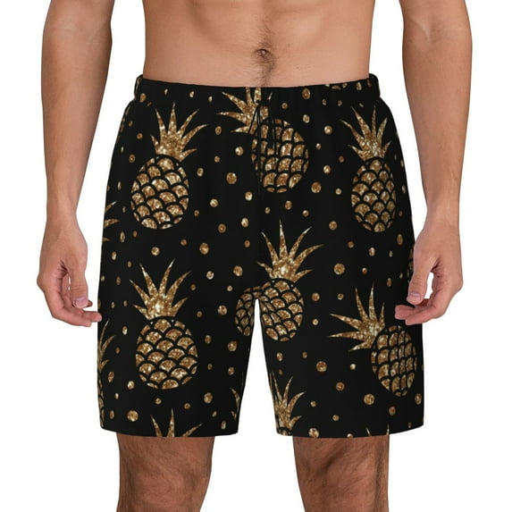 Balery Gold Glitter Pineapples Mens Swim Trunks Swim Shorts for Men Quick Dry Inseam Beach Shorts with Compression Liner Pocket-3X-Large