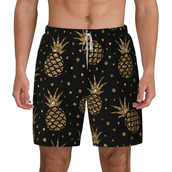Balery Gold Glitter Pineapples Mens Swim Trunks Swim Shorts for Men Quick Dry Inseam Beach Shorts with Compression Liner Pocket-Small