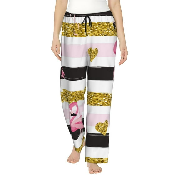 Balery Gold Glittering Hearts and Flamingos print Women's Pajama Pants,Ultra Lightweight Pjs,Lounge Pant-